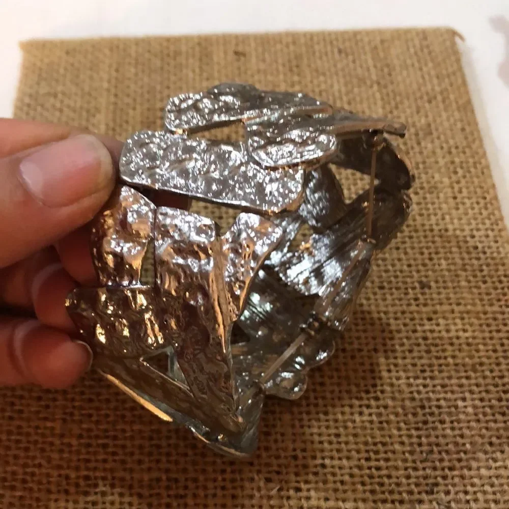 Silver tone wide stretch bracelet hammered